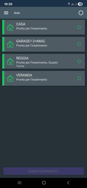 App dell'impianto antifurto con le aree casa, garage e veranda pronte per l'inserimento